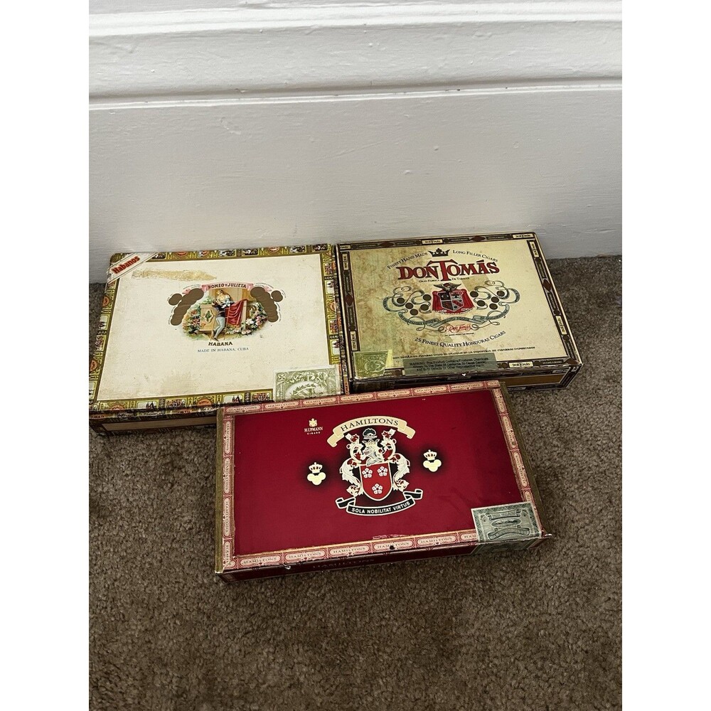 Set Of 3 Wooden Cigar Boxes Cub Dominican Republic Honduras Empty Romeo Juliet